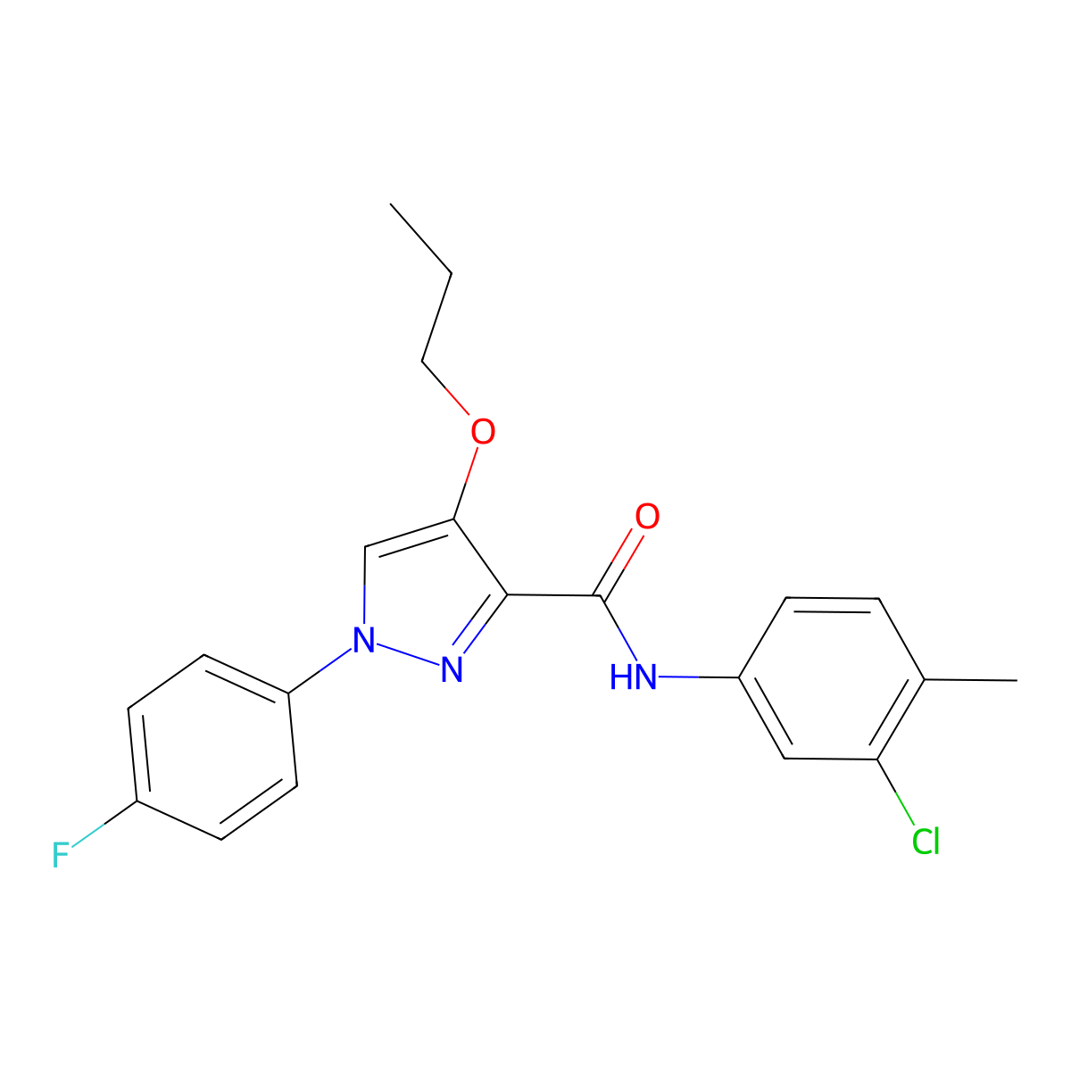 N-(3-chloro-4-methylphenyl)-1-(4-fluorophenyl)-4-propoxy-1H-pyrazole-3-carboxamide molecular structure, CAS 1210262-46-6