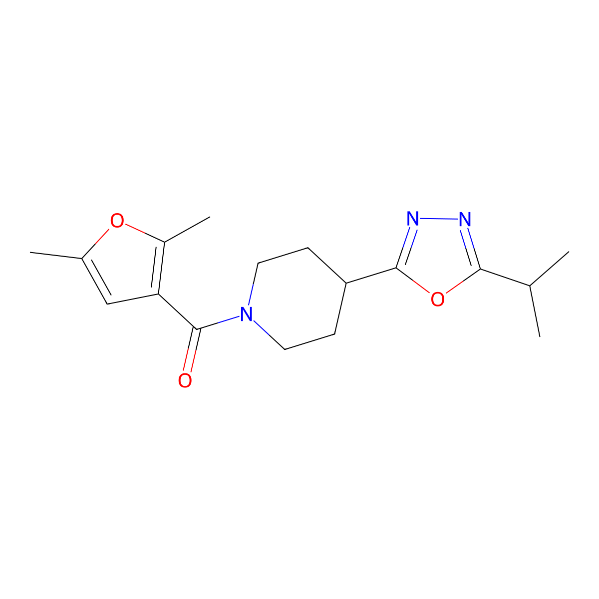 (2,5-Dimethylfuran-3-yl)(4-(5-isopropyl-1,3,4-oxadiazol-2-yl)piperidin-1-yl)methanone molecular structure, CAS 1210273-92-9