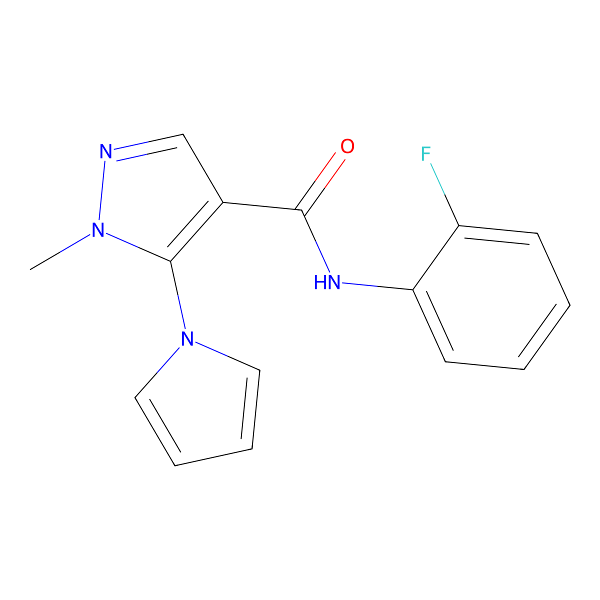 N-(2-fluorophenyl)-1-methyl-5-(1H-pyrrol-1-yl)-1H-pyrazole-4-carboxamide molecular structure, CAS 1210274-76-2