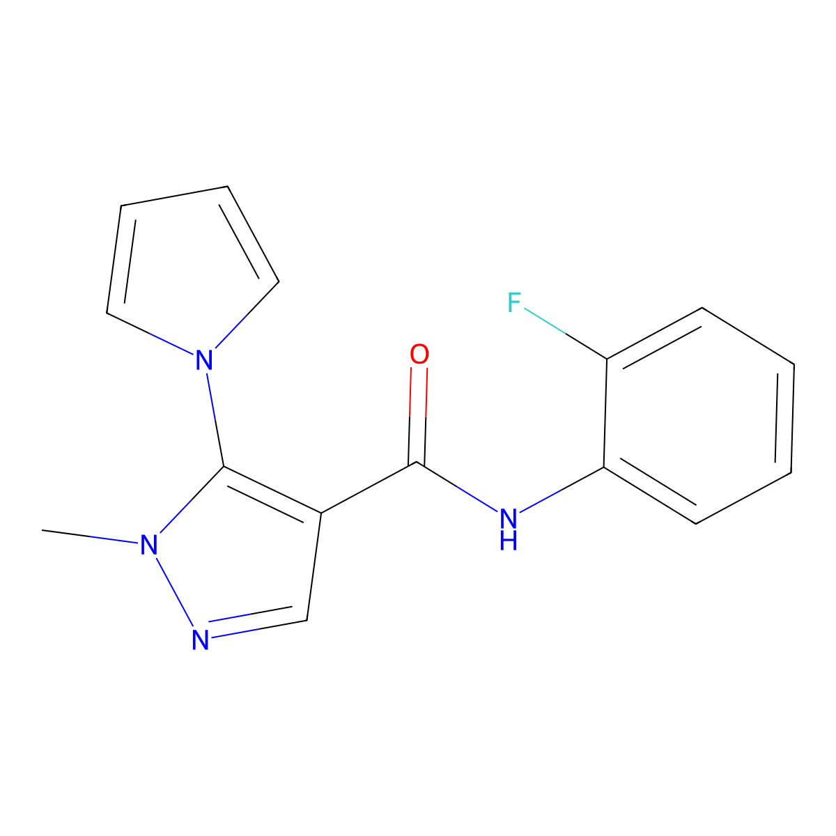 N-(2-fluorophenyl)-1-methyl-5-(1H-pyrrol-1-yl)-1H-pyrazole-4-carboxamide molecular structure, CAS 1210274-76-2