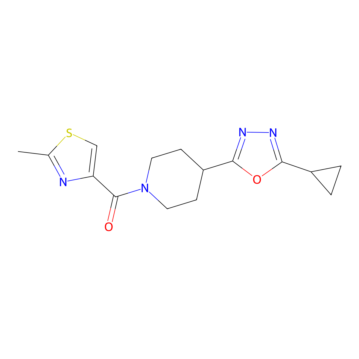 (4-(5-Cyclopropyl-1,3,4-oxadiazol-2-yl)piperidin-1-yl)(2-methylthiazol-4-yl)methanone molecular structure, CAS 1210280-88-8