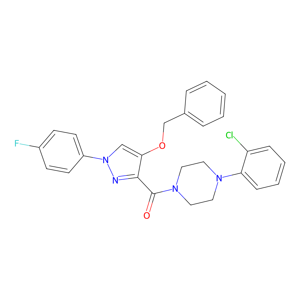 1-[4-(benzyloxy)-1-(4-fluorophenyl)-1H-pyrazole-3-carbonyl]-4-(2-chlorophenyl)piperazine molecular structure, CAS 1210282-25-9