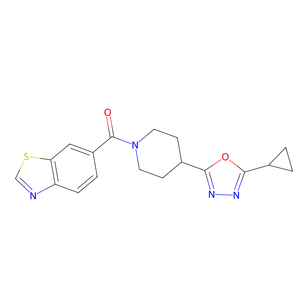 Benzo[d]thiazol-6-yl(4-(5-cyclopropyl-1,3,4-oxadiazol-2-yl)piperidin-1-yl)methanone molecular structure, CAS 1210284-65-3