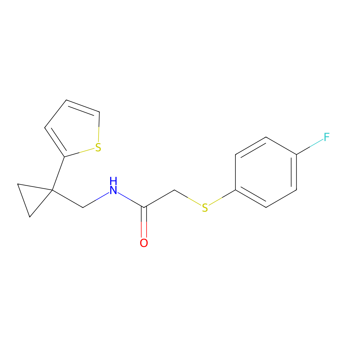 2-((4-fluorophenyl)thio)-N-((1-(thiophen-2-yl)cyclopropyl)methyl)acetamide molecular structure, CAS 1210289-85-2