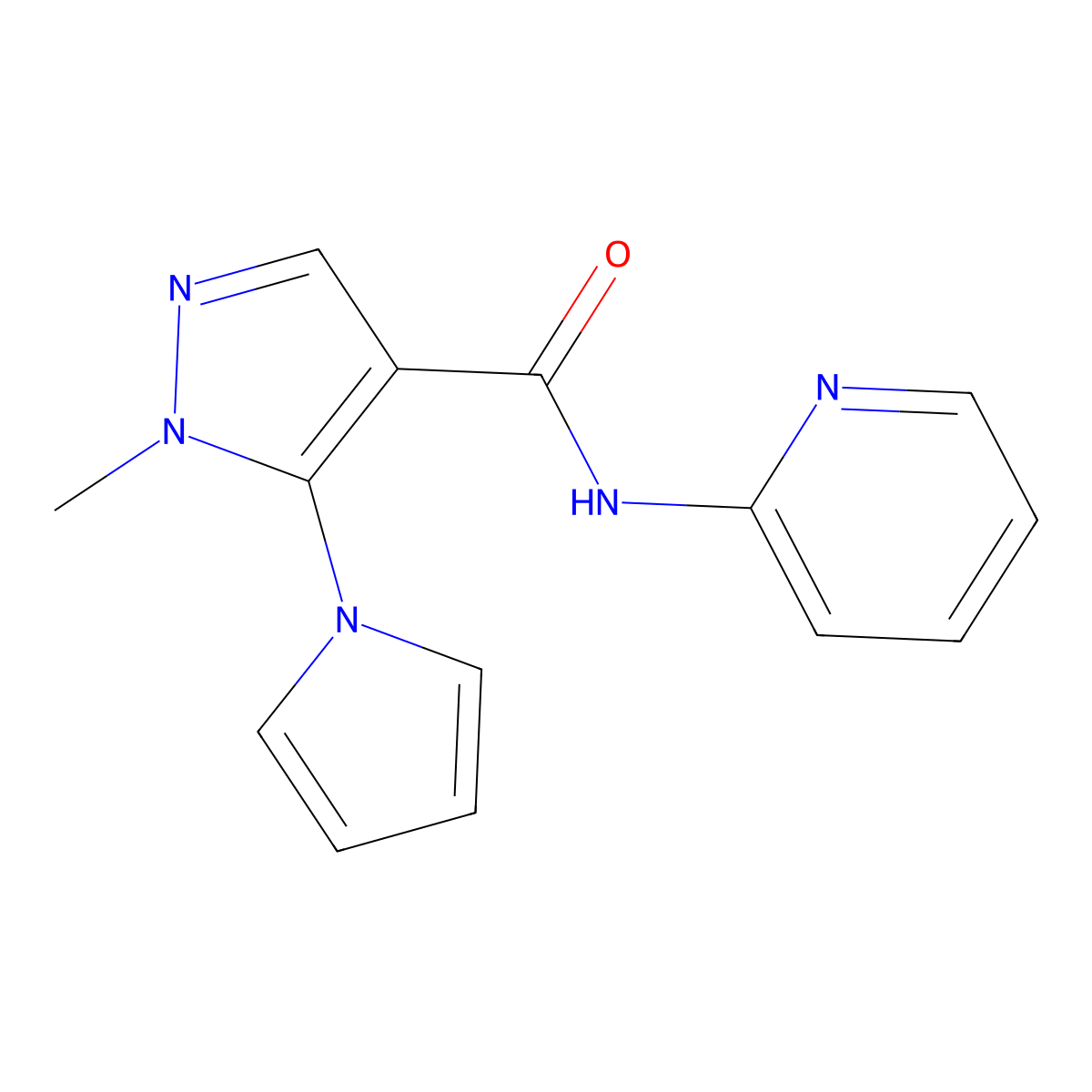 1-methyl-N-(pyridin-2-yl)-5-(1H-pyrrol-1-yl)-1H-pyrazole-4-carboxamide molecular structure, CAS 1210296-10-8