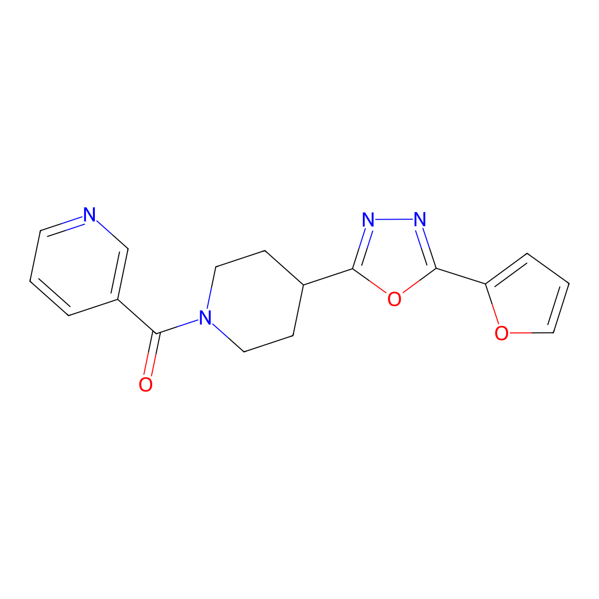 (4-(5-(Furan-2-yl)-1,3,4-oxadiazol-2-yl)piperidin-1-yl)(pyridin-3-yl)methanone molecular structure, CAS 1210298-45-5