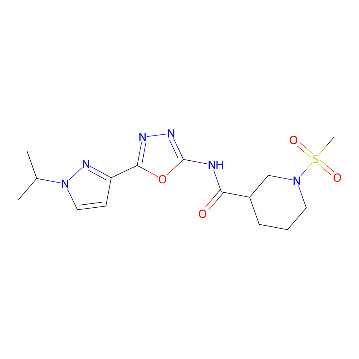 N-(5-(1-isopropyl-1H-pyrazol-3-yl)-1,3,4-oxadiazol-2-yl)-1-(methylsulfonyl)piperidine-3-carboxamide molecular structure, CAS 1210307-55-3