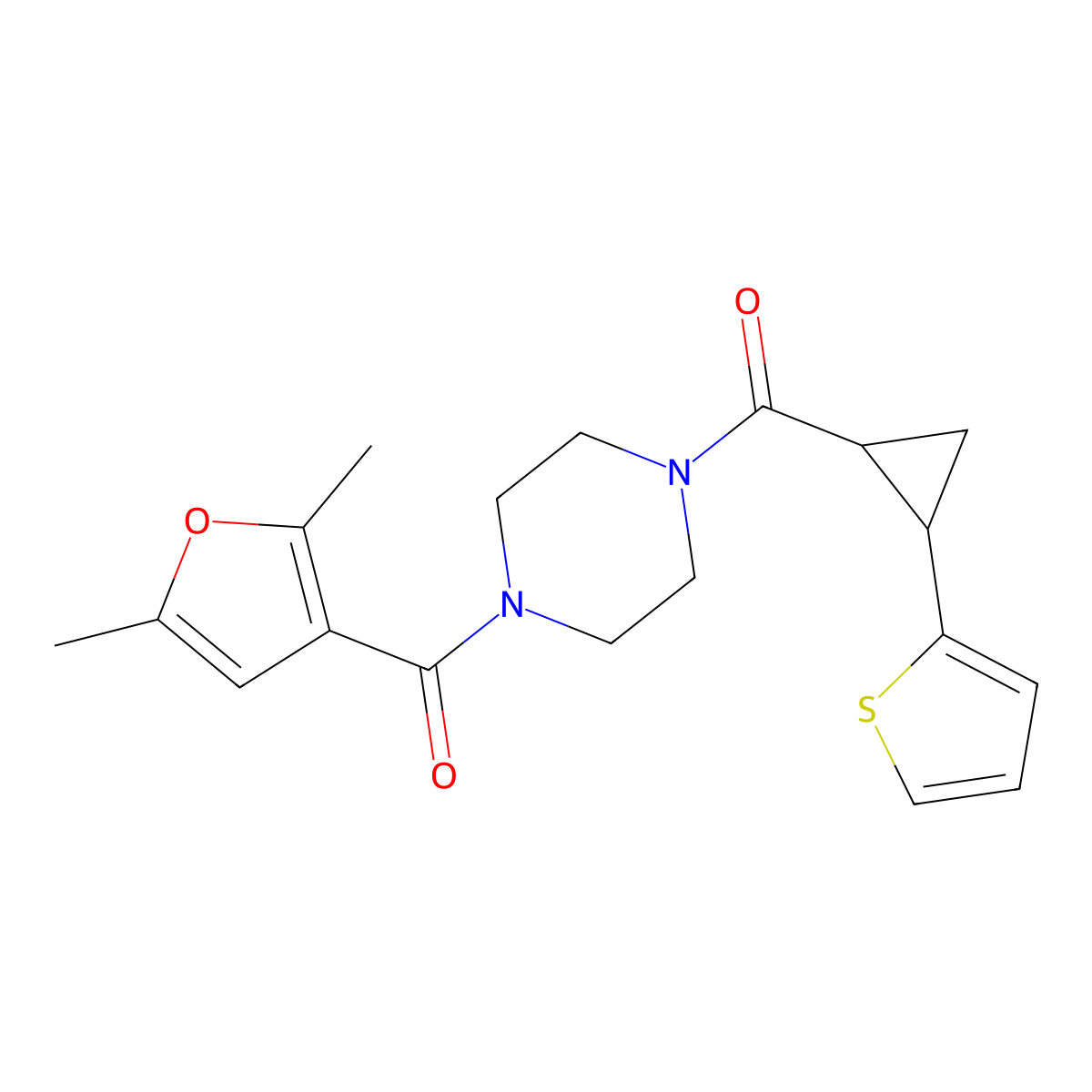(4-(2,5-Dimethylfuran-3-carbonyl)piperazin-1-yl)(2-(thiophen-2-yl)cyclopropyl)methanone molecular structure, CAS 1210308-10-3