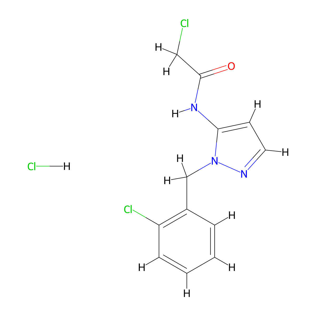2-chloro-N-{1-[(2-chlorophenyl)methyl]-1H-pyrazol-5-yl}acetamide hydrochloride molecular structure, CAS 1210310-24-9