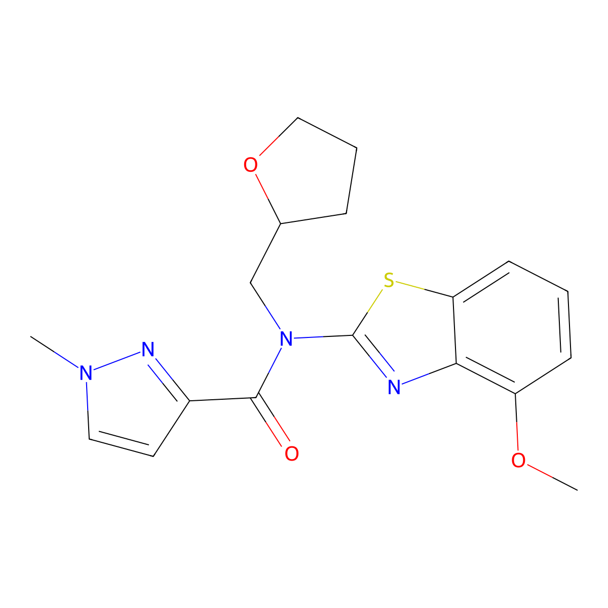 N-(4-methoxy-1,3-benzothiazol-2-yl)-1-methyl-N-[(oxolan-2-yl)methyl]-1H-pyrazole-3-carboxamide molecular structure, CAS 1210311-98-0