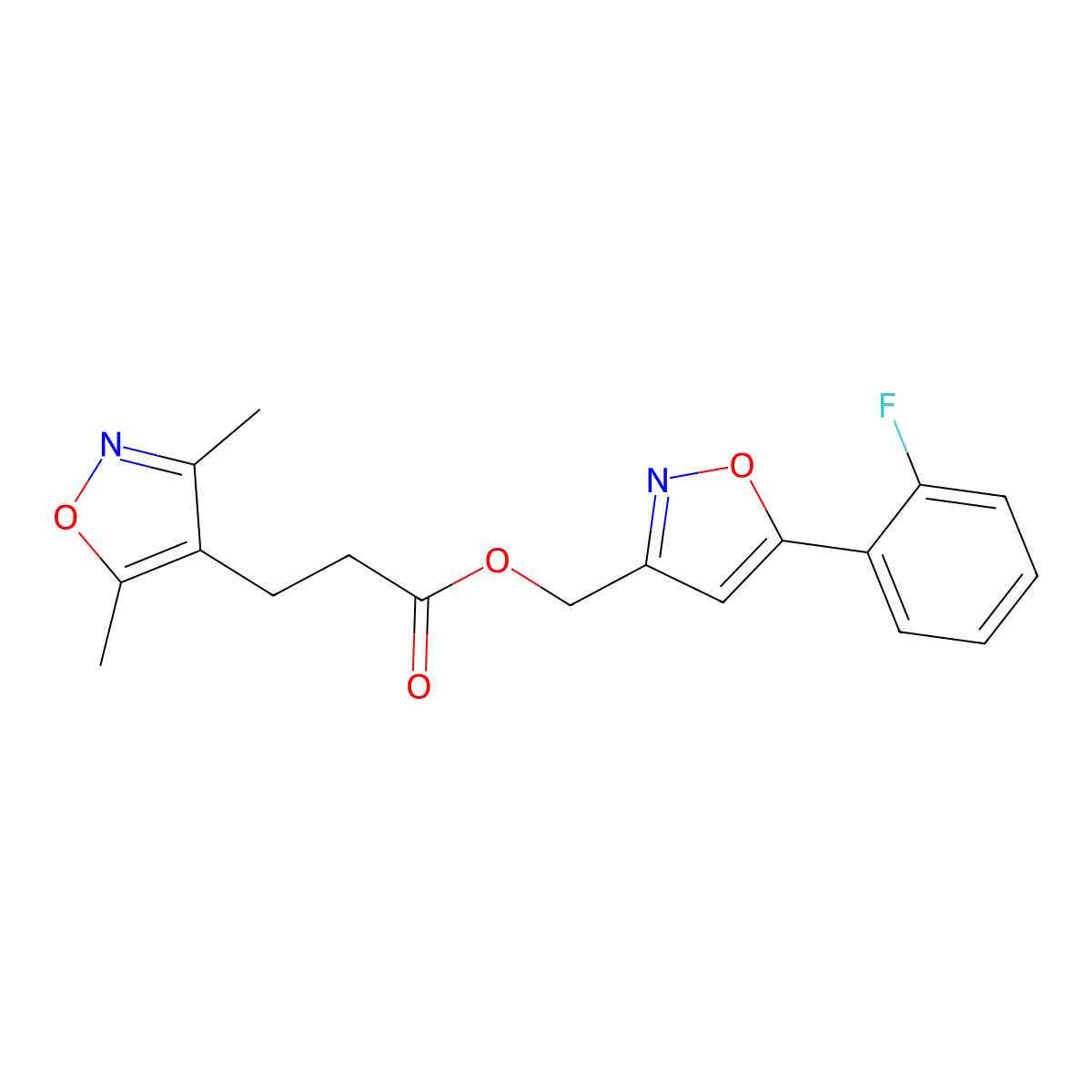 (5-(2-Fluorophenyl)isoxazol-3-yl)methyl 3-(3,5-dimethylisoxazol-4-yl)propanoate molecular structure, CAS 1210315-61-9