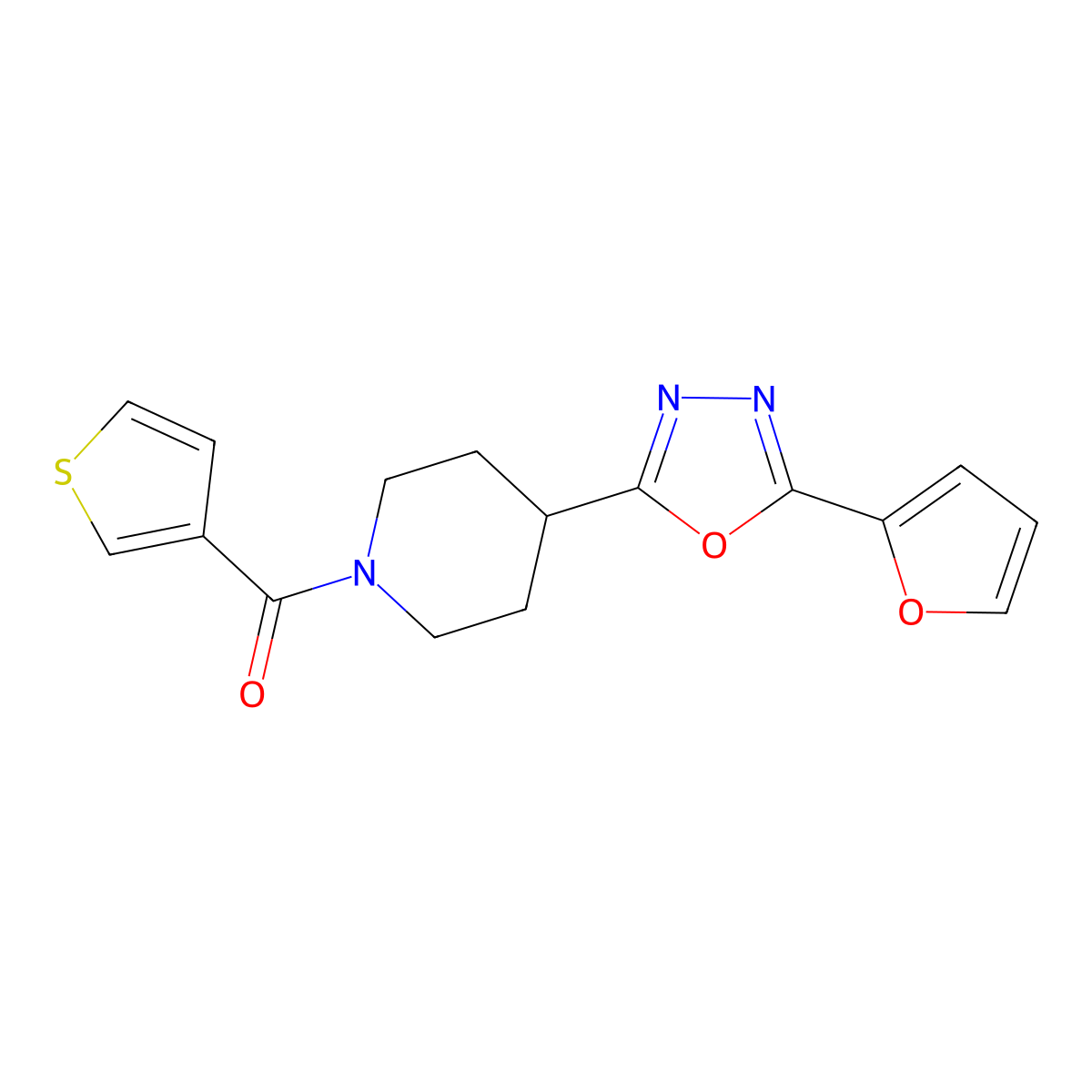 (4-(5-(Furan-2-yl)-1,3,4-oxadiazol-2-yl)piperidin-1-yl)(thiophen-3-yl)methanone molecular structure, CAS 1210318-22-1