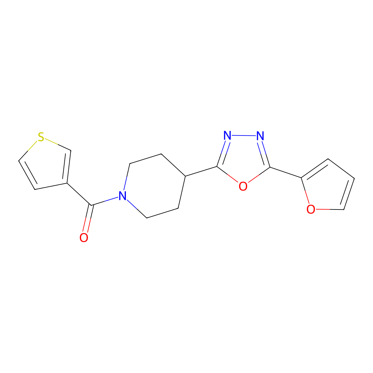(4-(5-(Furan-2-yl)-1,3,4-oxadiazol-2-yl)piperidin-1-yl)(thiophen-3-yl)methanone molecular structure, CAS 1210318-22-1