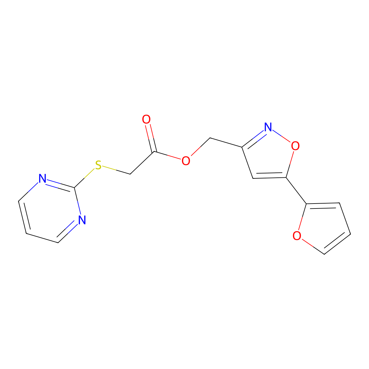 (5-(Furan-2-yl)isoxazol-3-yl)methyl 2-(pyrimidin-2-ylthio)acetate molecular structure, CAS 1210318-83-4