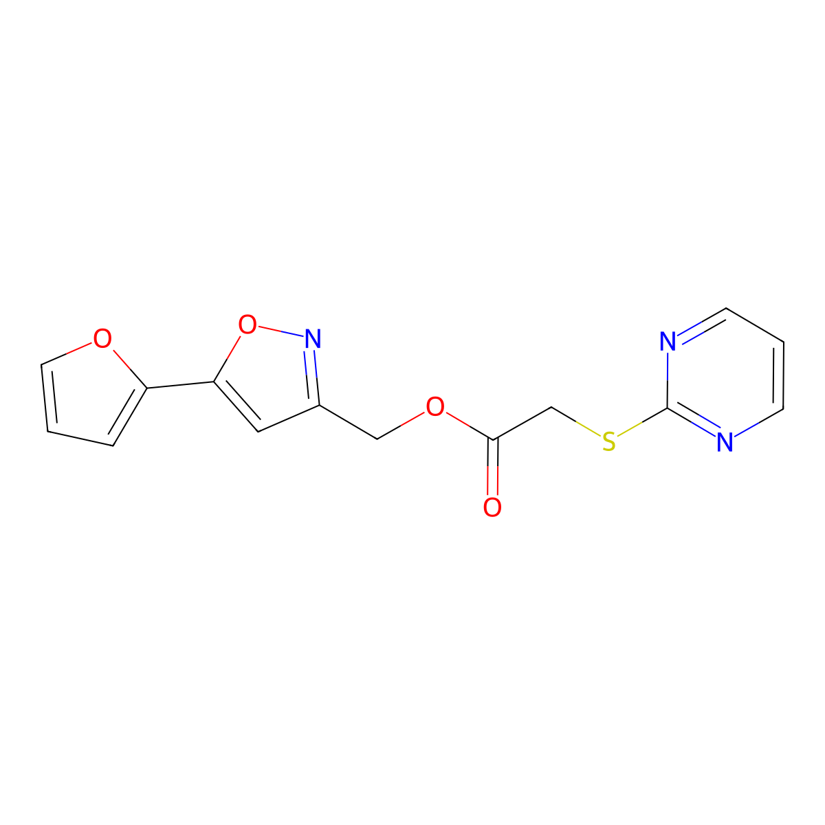 (5-(Furan-2-yl)isoxazol-3-yl)methyl 2-(pyrimidin-2-ylthio)acetate molecular structure, CAS 1210318-83-4