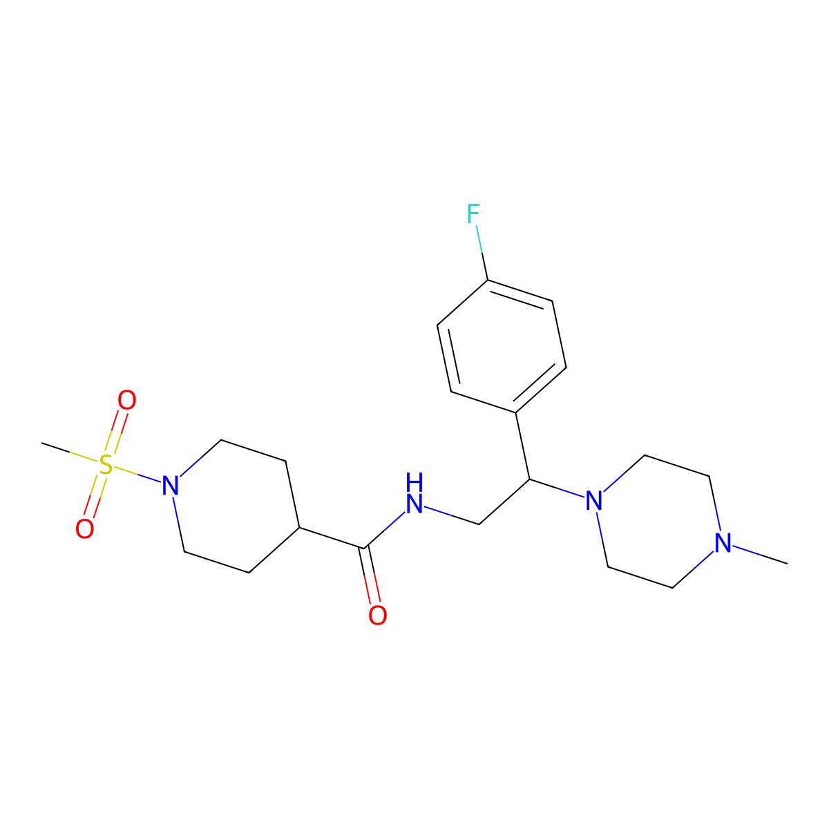 N-(2-(4-fluorophenyl)-2-(4-methylpiperazin-1-yl)ethyl)-1-(methylsulfonyl)piperidine-4-carboxamide molecular structure, CAS 1210320-54-9