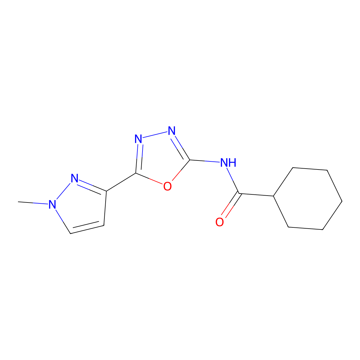 N-[5-(1-methyl-1H-pyrazol-3-yl)-1,3,4-oxadiazol-2-yl]cyclohexanecarboxamide molecular structure, CAS 1210321-42-8