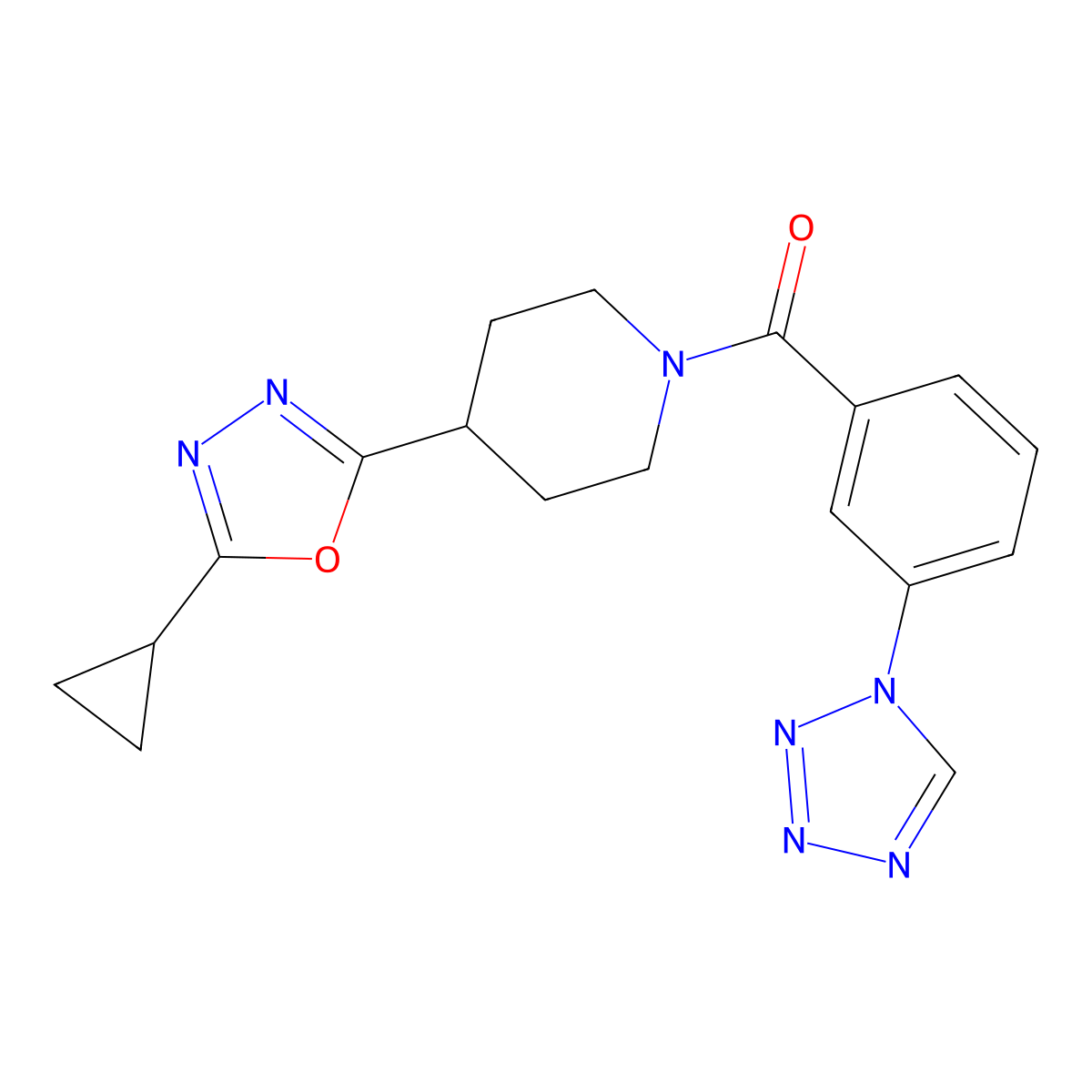 (3-(1H-tetrazol-1-yl)phenyl)(4-(5-cyclopropyl-1,3,4-oxadiazol-2-yl)piperidin-1-yl)methanone molecular structure, CAS 1210322-20-5