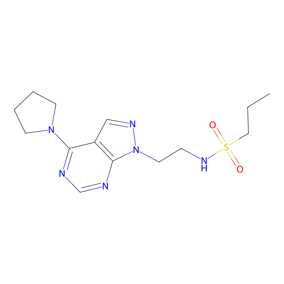 N-{2-[4-(pyrrolidin-1-yl)-1H-pyrazolo[3,4-d]pyrimidin-1-yl]ethyl}propane-1-sulfonamide molecular structure, CAS 1210342-70-3