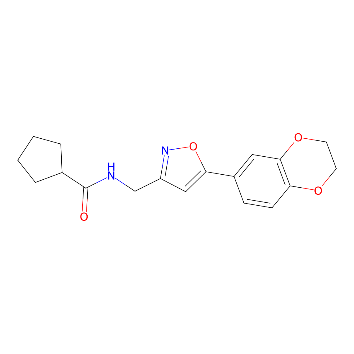 N-((5-(2,3-dihydrobenzo[b][1,4]dioxin-6-yl)isoxazol-3-yl)methyl)cyclopentanecarboxamide molecular structure, CAS 1210345-14-4