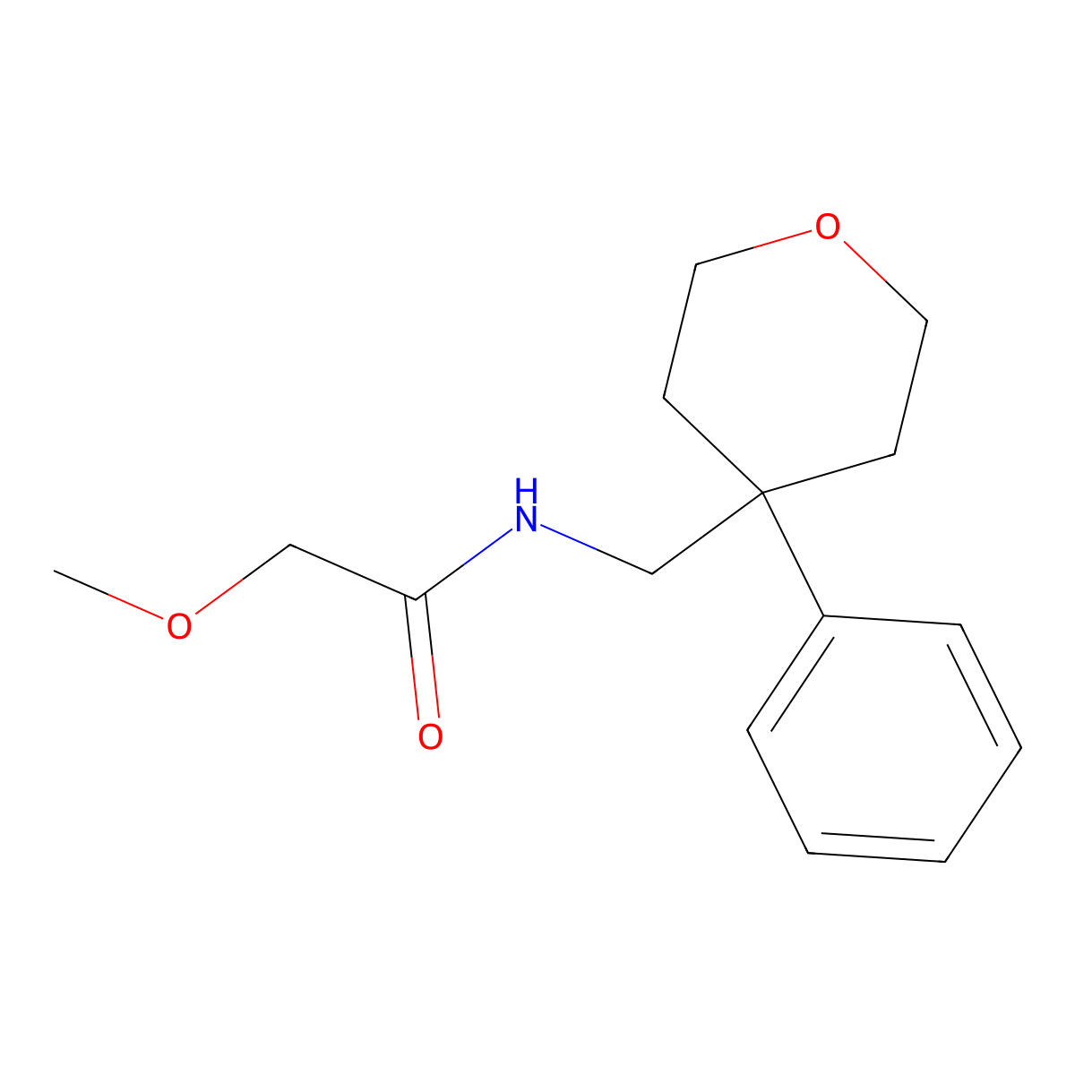 2-methoxy-N-((4-phenyltetrahydro-2H-pyran-4-yl)methyl)acetamide molecular structure, CAS 1210349-80-6