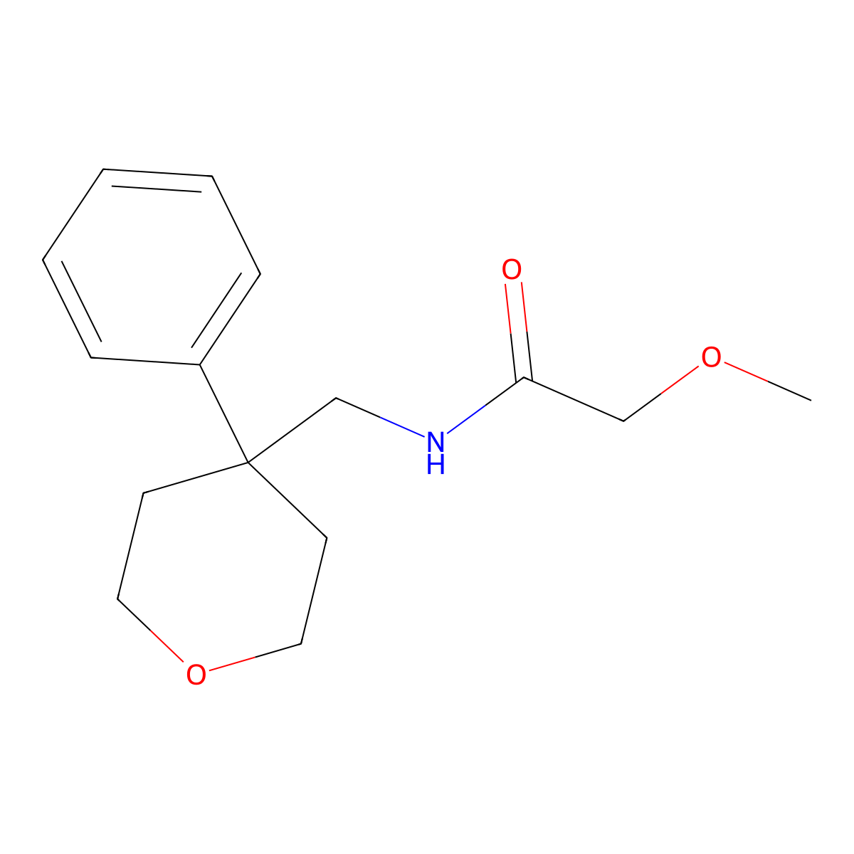 2-methoxy-N-((4-phenyltetrahydro-2H-pyran-4-yl)methyl)acetamide molecular structure, CAS 1210349-80-6