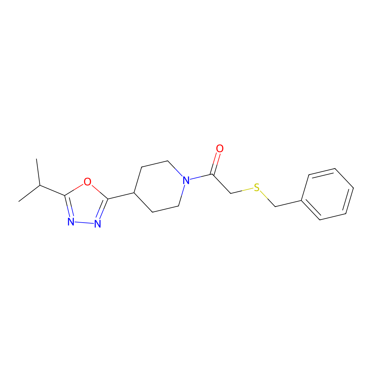 2-(Benzylthio)-1-(4-(5-isopropyl-1,3,4-oxadiazol-2-yl)piperidin-1-yl)ethanone molecular structure, CAS 1210354-37-2