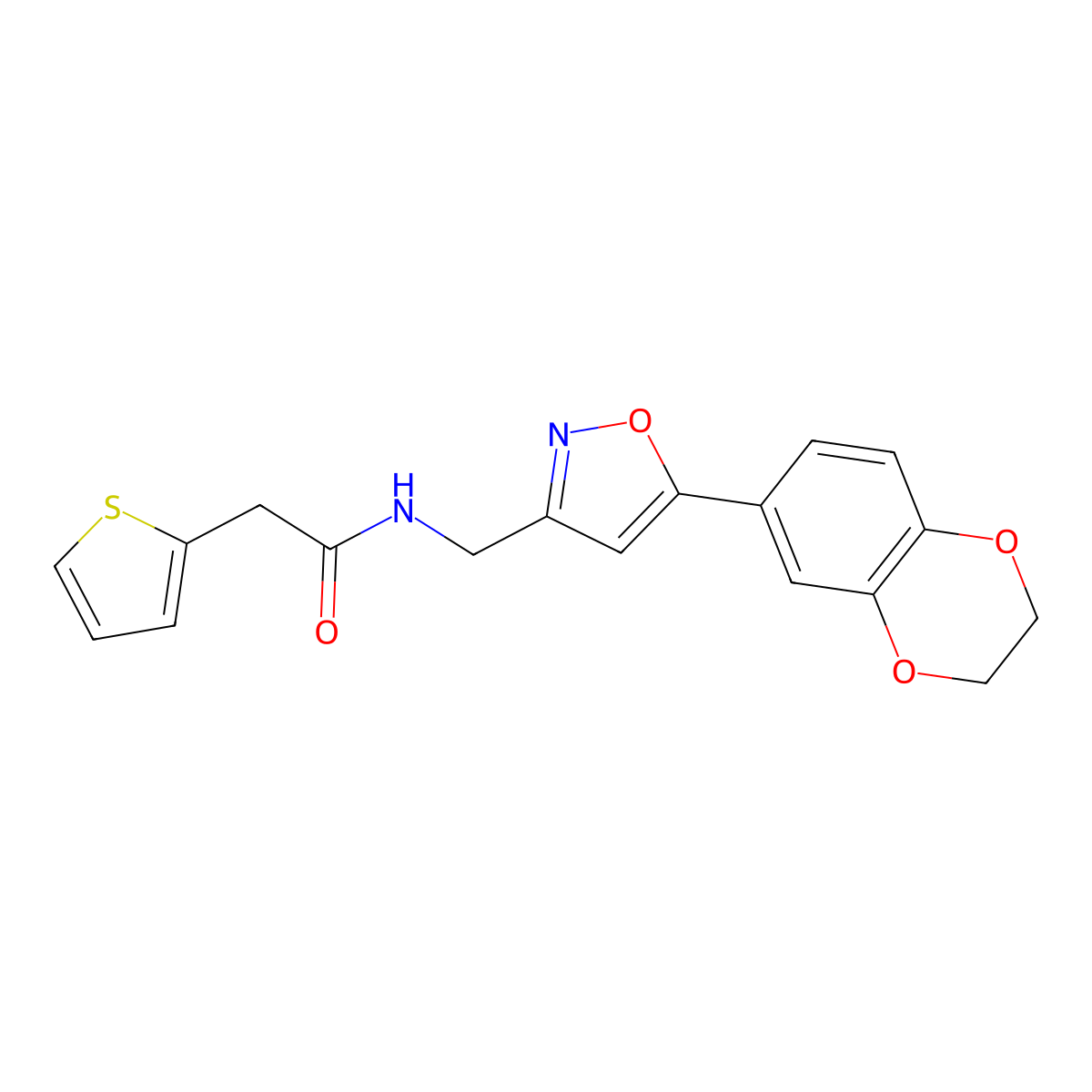 N-((5-(2,3-dihydrobenzo[b][1,4]dioxin-6-yl)isoxazol-3-yl)methyl)-2-(thiophen-2-yl)acetamide molecular structure, CAS 1210355-64-8