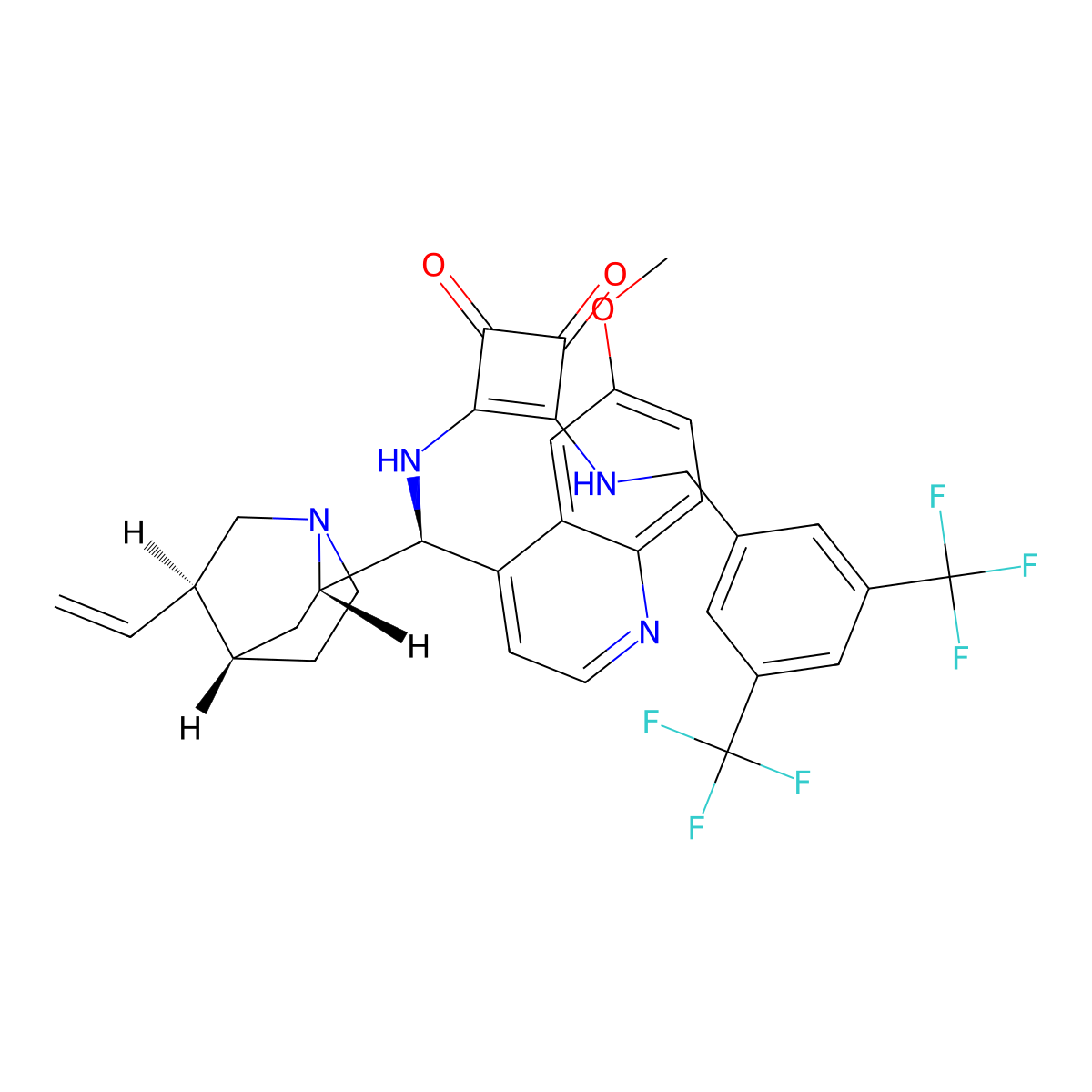 3-[[[3,5-Bis(trifluoromethyl)phenyl]methyl]amino]-4-[[(8alpha,9S)-6'-methoxycinchonan-9-yl]amino]-3-cyclobutene-1,2-dione molecular structure, CAS 1210360-60-3