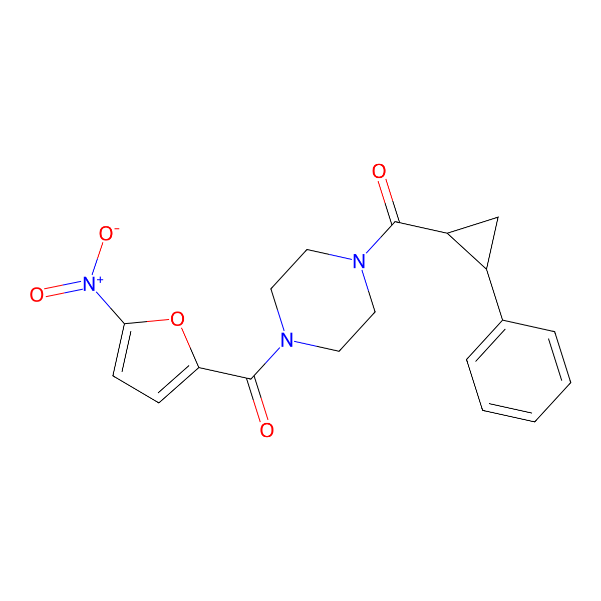 (4-(5-Nitrofuran-2-carbonyl)piperazin-1-yl)(2-phenylcyclopropyl)methanone molecular structure, CAS 1210365-41-5