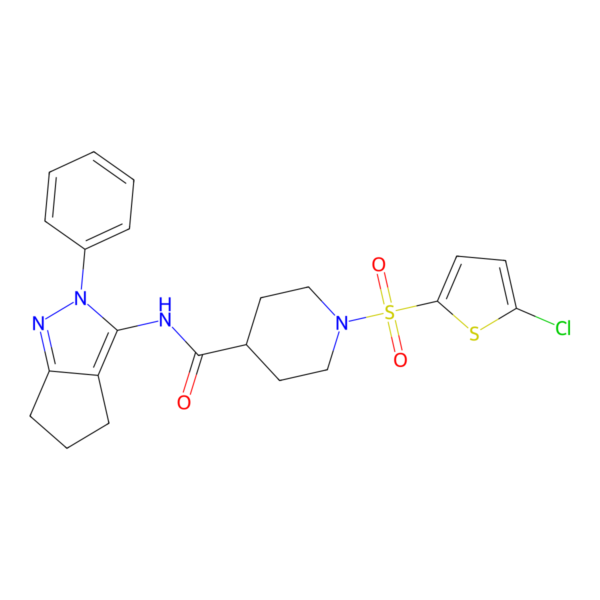 1-((5-chlorothiophen-2-yl)sulfonyl)-N-(2-phenyl-2,4,5,6-tetrahydrocyclopenta[c]pyrazol-3-yl)piperidine-4-carboxamide molecular structure, CAS 1210365-91-5