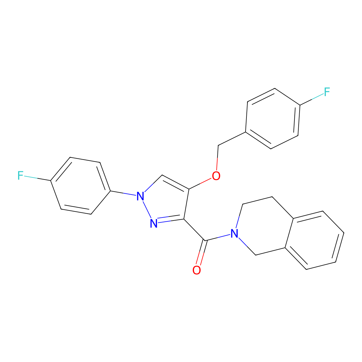(3,4-dihydroisoquinolin-2(1H)-yl)(4-((4-fluorobenzyl)oxy)-1-(4-fluorophenyl)-1H-pyrazol-3-yl)methanone molecular structure, CAS 1210371-05-3