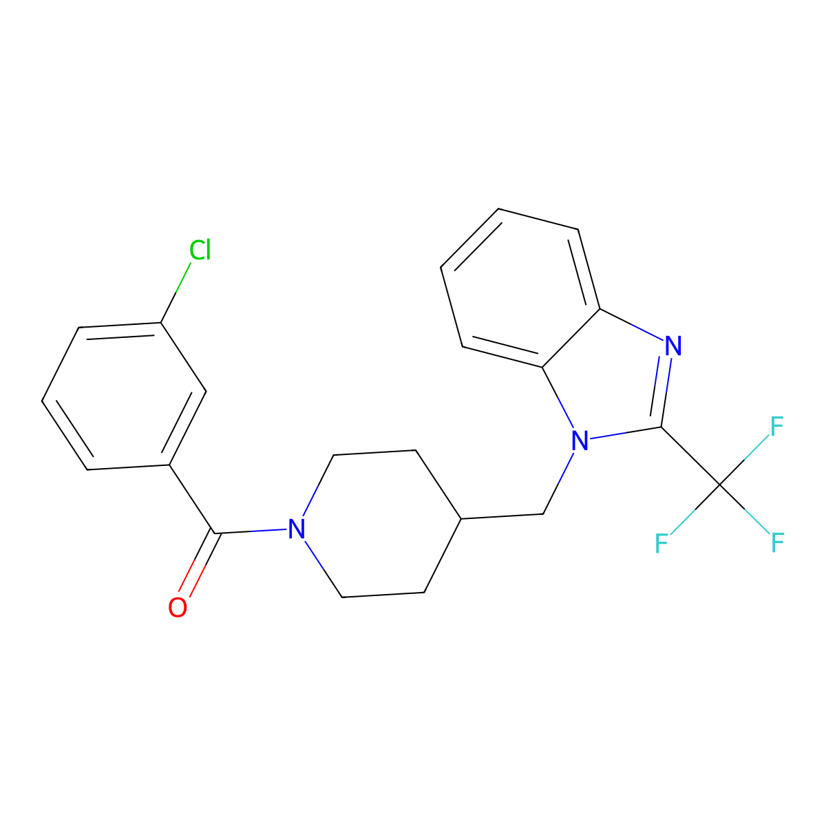 (3-chlorophenyl)(4-((2-(trifluoromethyl)-1H-benzo[d]imidazol-1-yl)methyl)piperidin-1-yl)methanone molecular structure, CAS 1210371-76-8