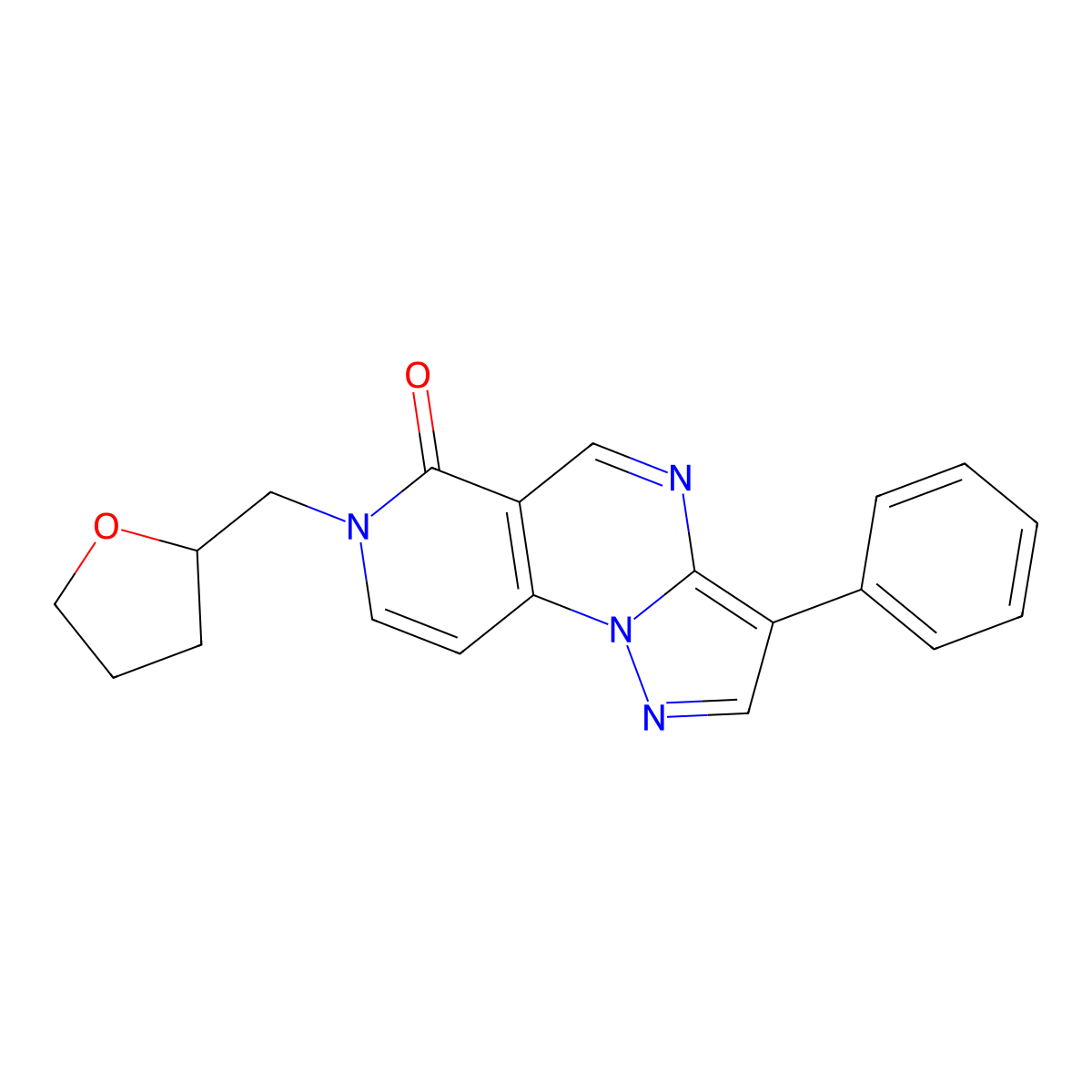 3-phenyl-7-(tetrahydrofuran-2-ylmethyl)pyrazolo[1,5-a]pyrido[3,4-e]pyrimidin-6(7H)-one molecular structure, CAS 1210378-83-8