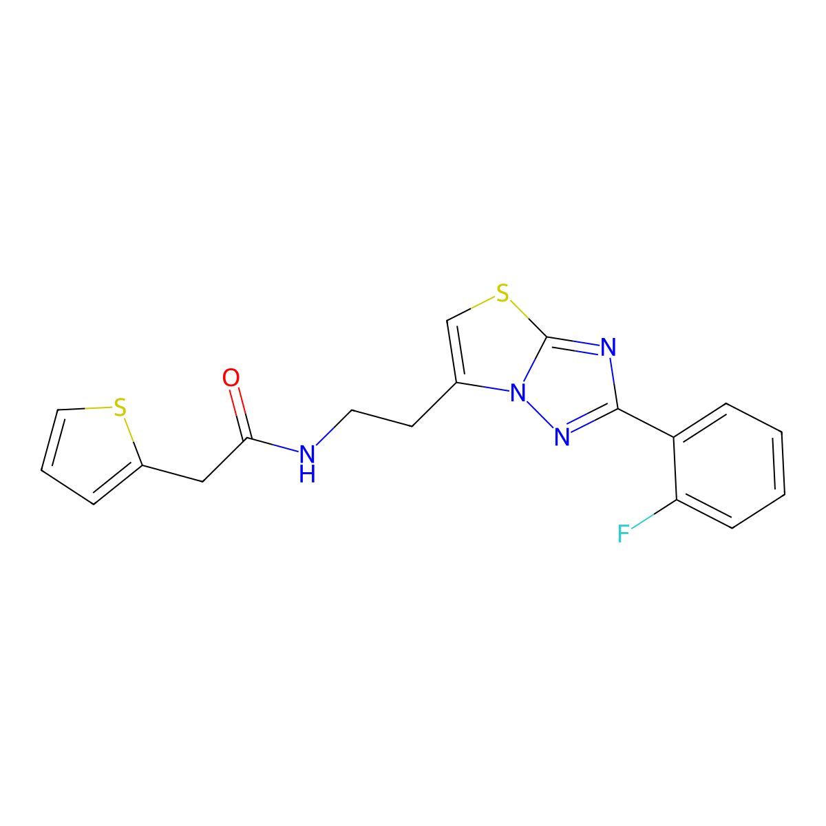 N-(2-(2-(2-fluorophenyl)thiazolo[3,2-b][1,2,4]triazol-6-yl)ethyl)-2-(thiophen-2-yl)acetamide molecular structure, CAS 1210385-02-6
