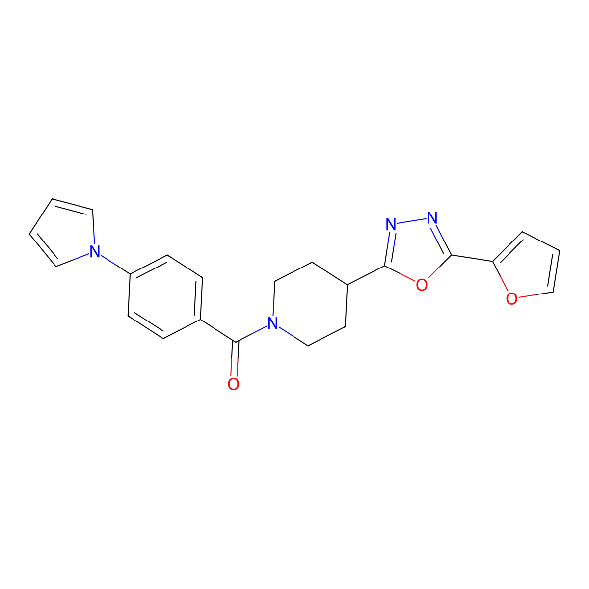 (4-(1H-pyrrol-1-yl)phenyl)(4-(5-(furan-2-yl)-1,3,4-oxadiazol-2-yl)piperidin-1-yl)methanone molecular structure, CAS 1210386-06-3