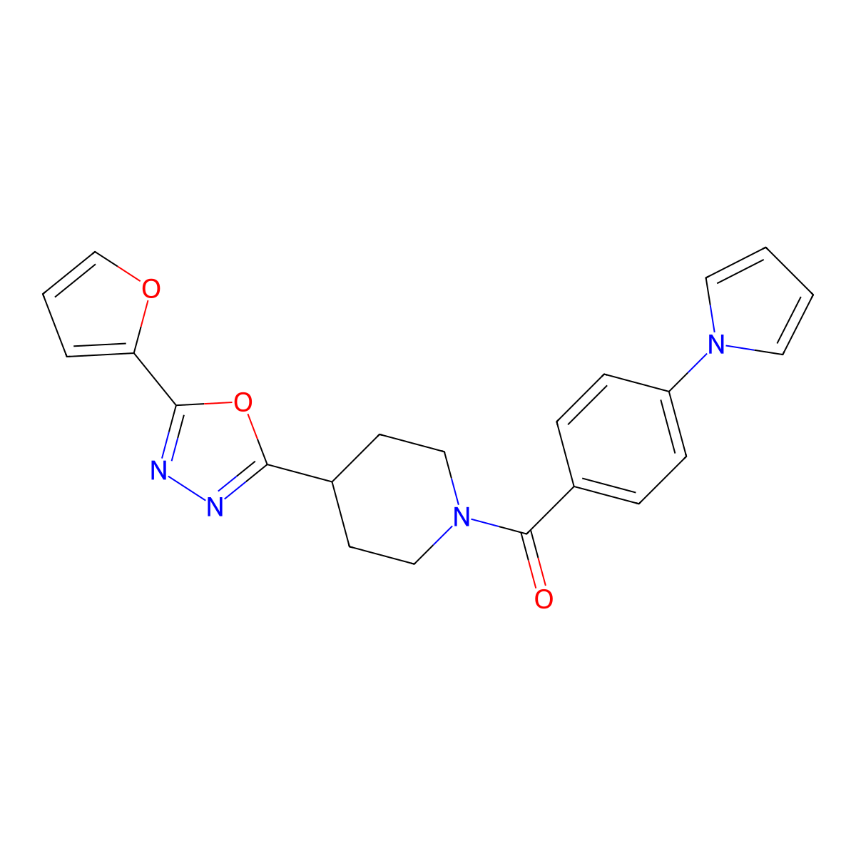 (4-(1H-pyrrol-1-yl)phenyl)(4-(5-(furan-2-yl)-1,3,4-oxadiazol-2-yl)piperidin-1-yl)methanone molecular structure, CAS 1210386-06-3