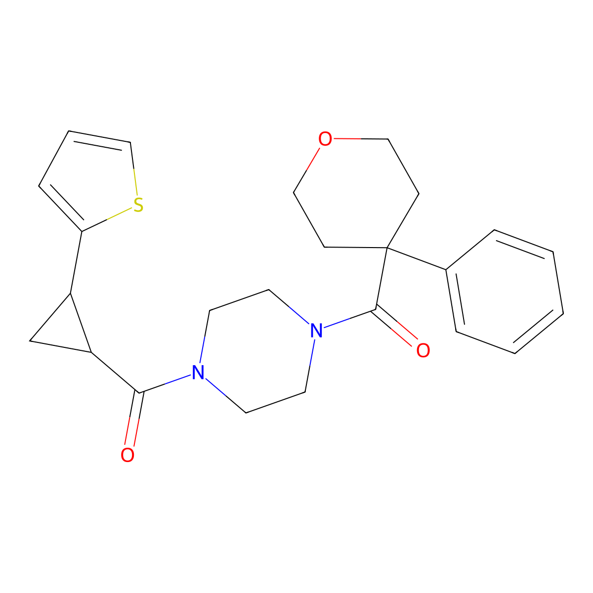 (4-(4-phenyltetrahydro-2H-pyran-4-carbonyl)piperazin-1-yl)(2-(thiophen-2-yl)cyclopropyl)methanone molecular structure, CAS 1210390-54-7