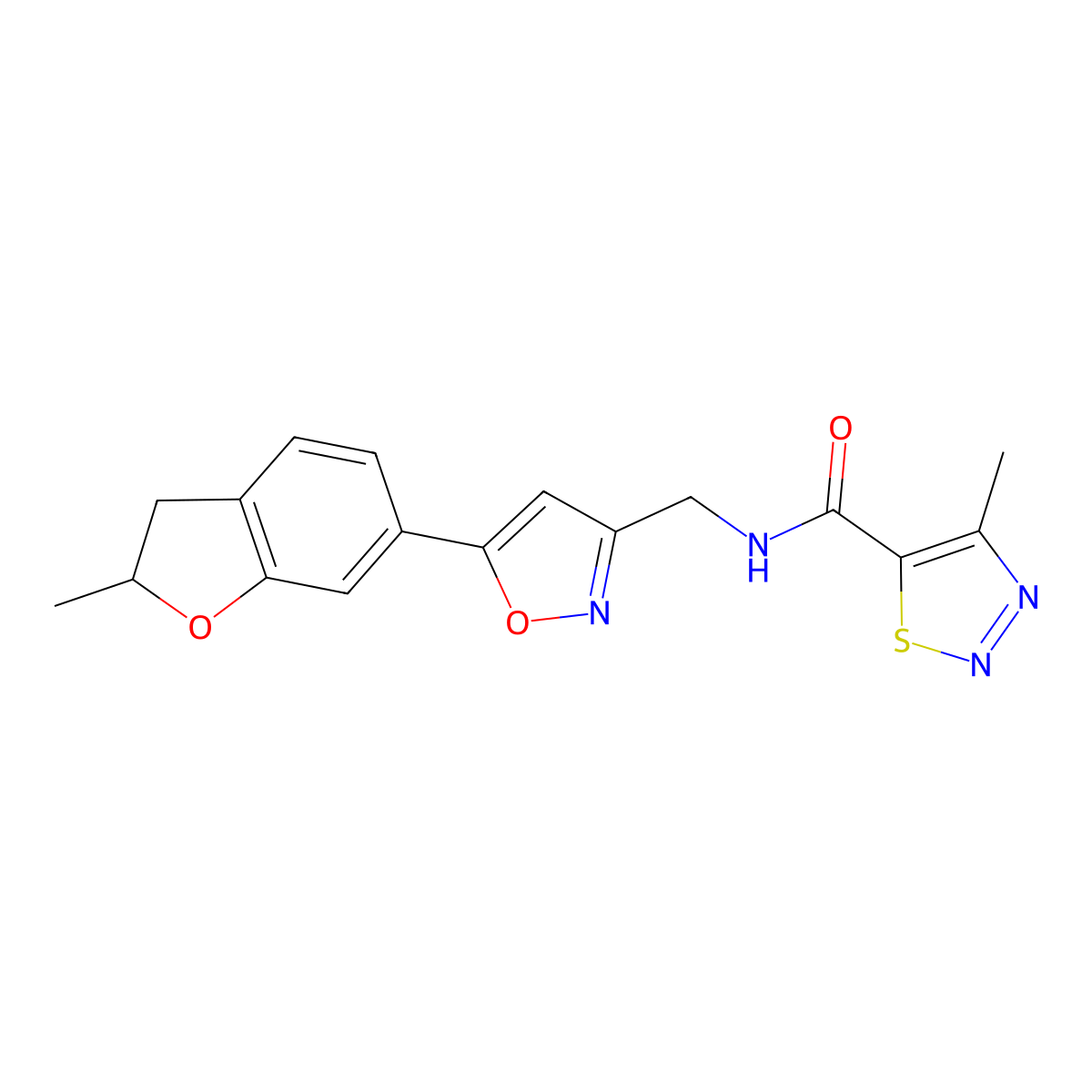 4-methyl-N-((5-(2-methyl-2,3-dihydrobenzofuran-6-yl)isoxazol-3-yl)methyl)-1,2,3-thiadiazole-5-carboxamide molecular structure, CAS 1210396-62-5