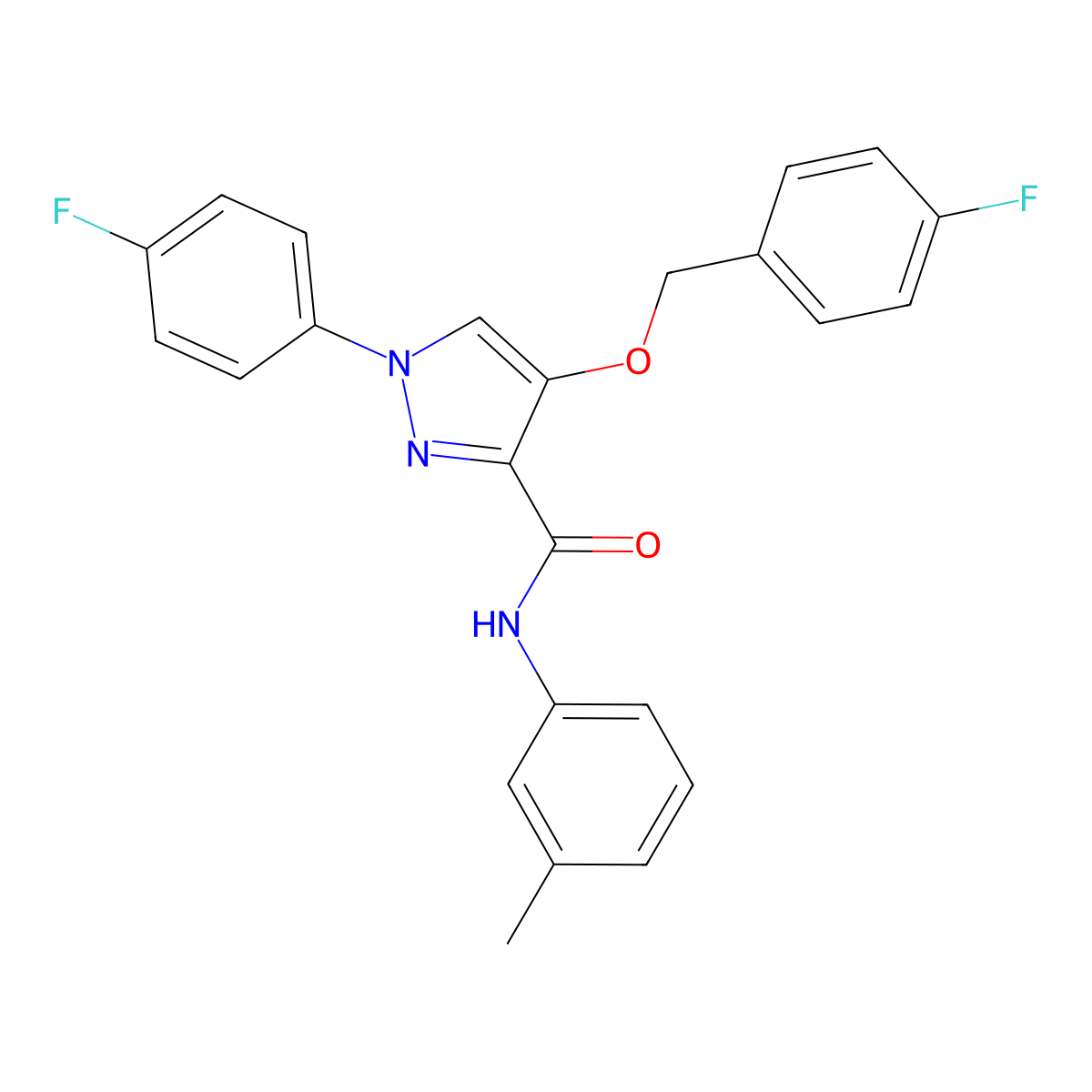 4-((4-fluorobenzyl)oxy)-1-(4-fluorophenyl)-N-(m-tolyl)-1H-pyrazole-3-carboxamide molecular structure, CAS 1210402-11-1