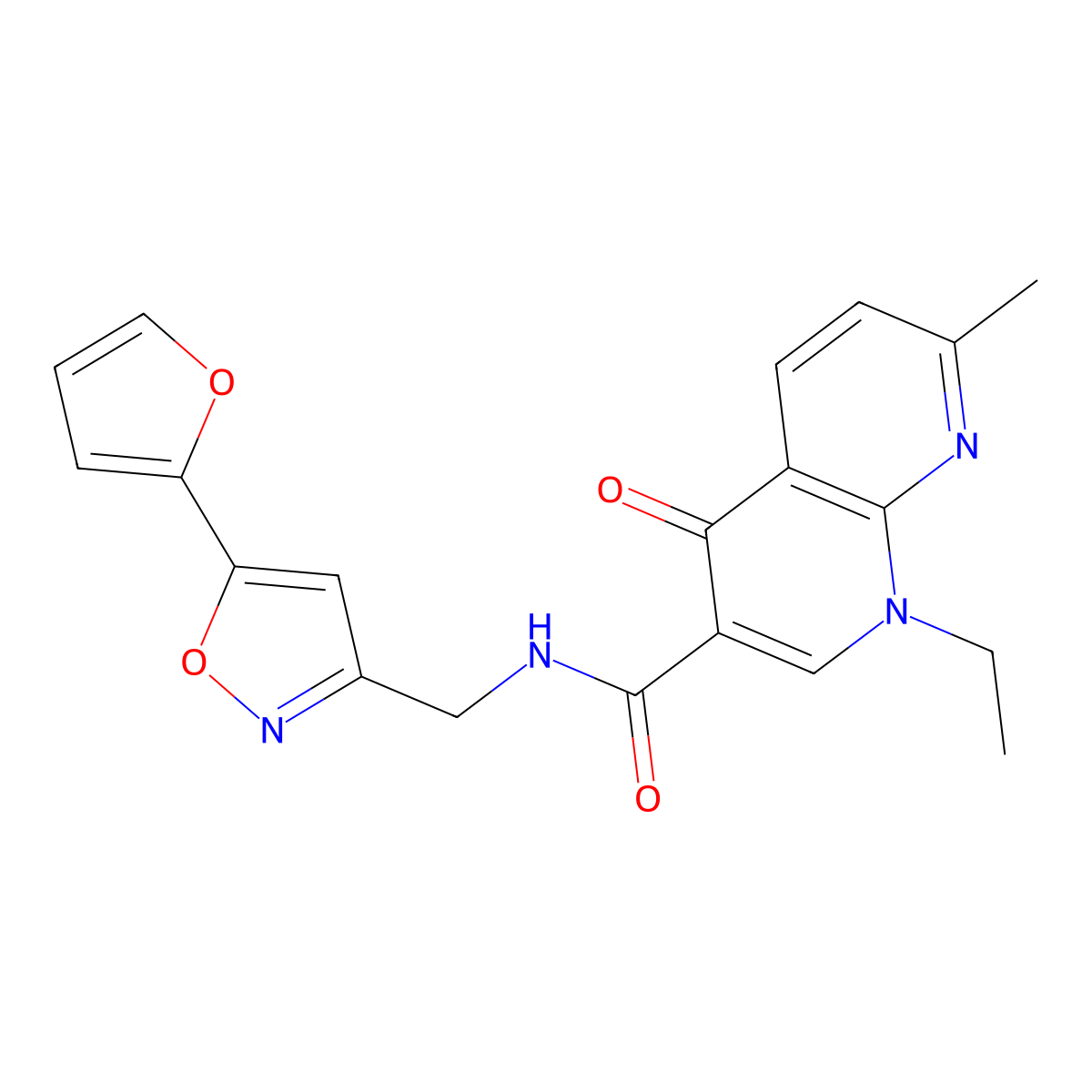 1-ethyl-N-((5-(furan-2-yl)isoxazol-3-yl)methyl)-7-methyl-4-oxo-1,4-dihydro-1,8-naphthyridine-3-carboxamide molecular structure, CAS 1210409-96-3