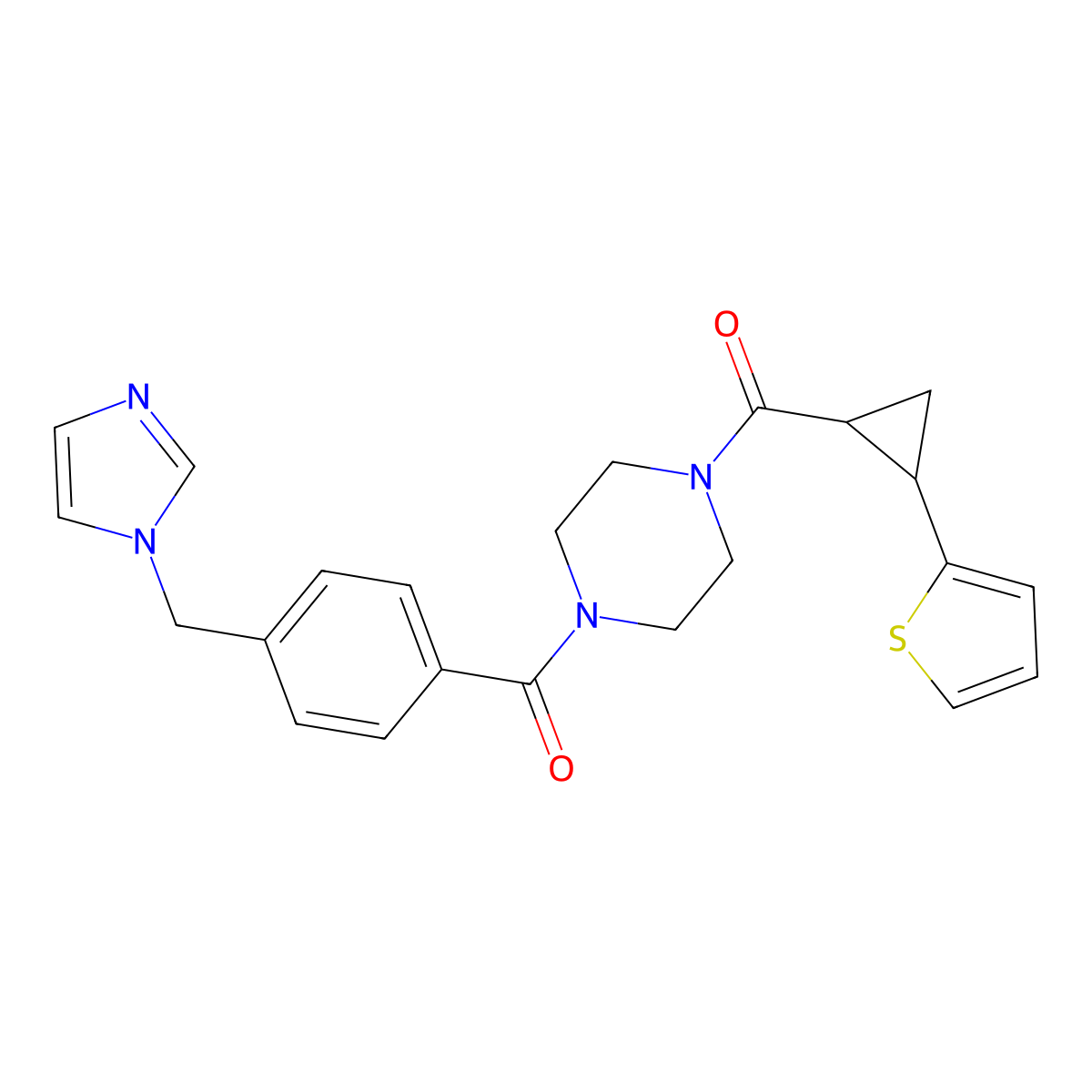 (4-(4-((1H-imidazol-1-yl)methyl)benzoyl)piperazin-1-yl)(2-(thiophen-2-yl)cyclopropyl)methanone molecular structure, CAS 1210425-51-6