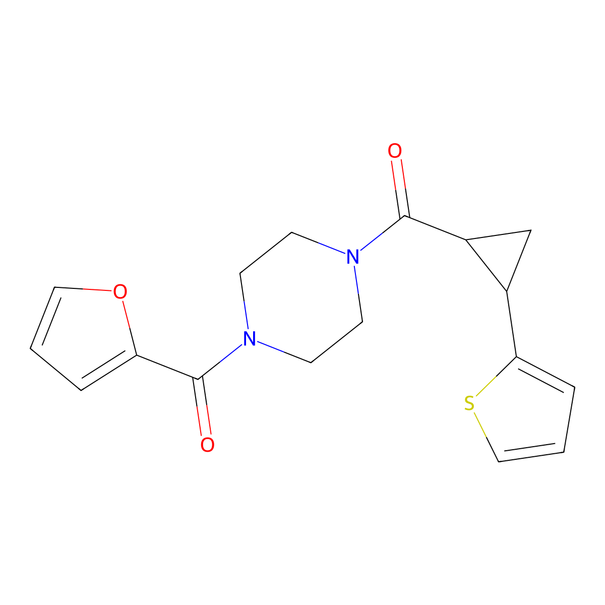 (4-(Furan-2-carbonyl)piperazin-1-yl)(2-(thiophen-2-yl)cyclopropyl)methanone molecular structure, CAS 1210435-85-0