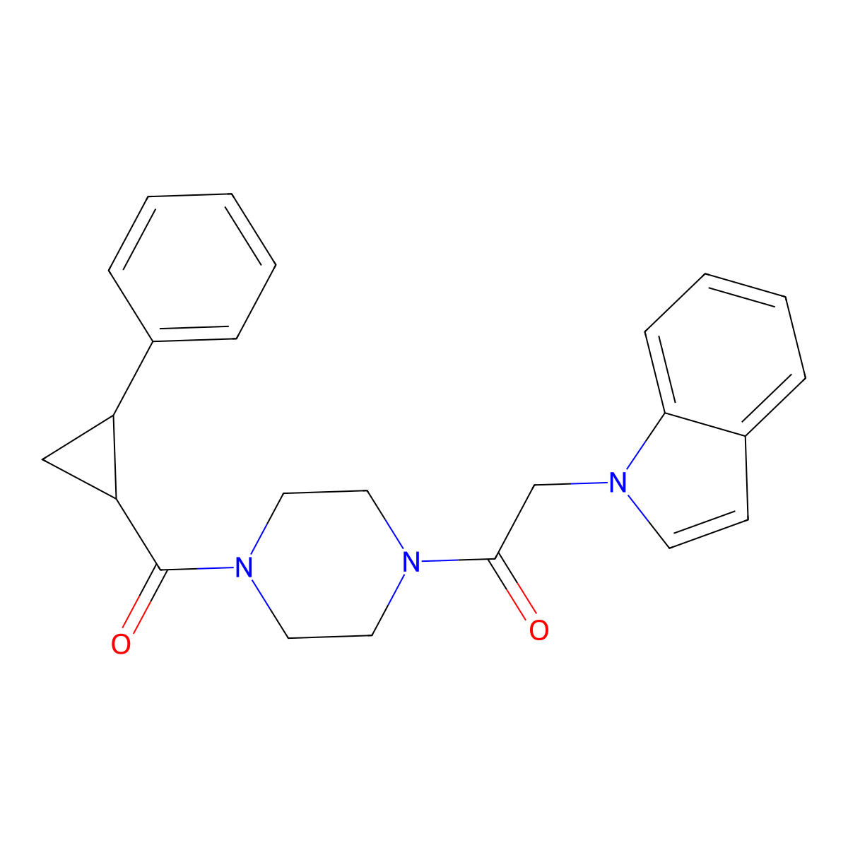 2-(1H-indol-1-yl)-1-(4-(2-phenylcyclopropanecarbonyl)piperazin-1-yl)ethanone molecular structure, CAS 1210436-77-3