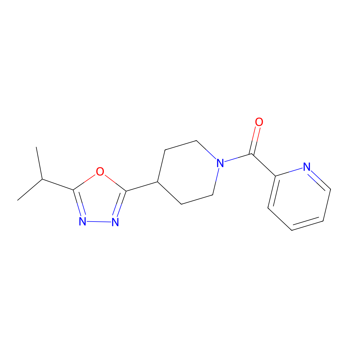(4-(5-Isopropyl-1,3,4-oxadiazol-2-yl)piperidin-1-yl)(pyridin-2-yl)methanone molecular structure, CAS 1210443-68-7