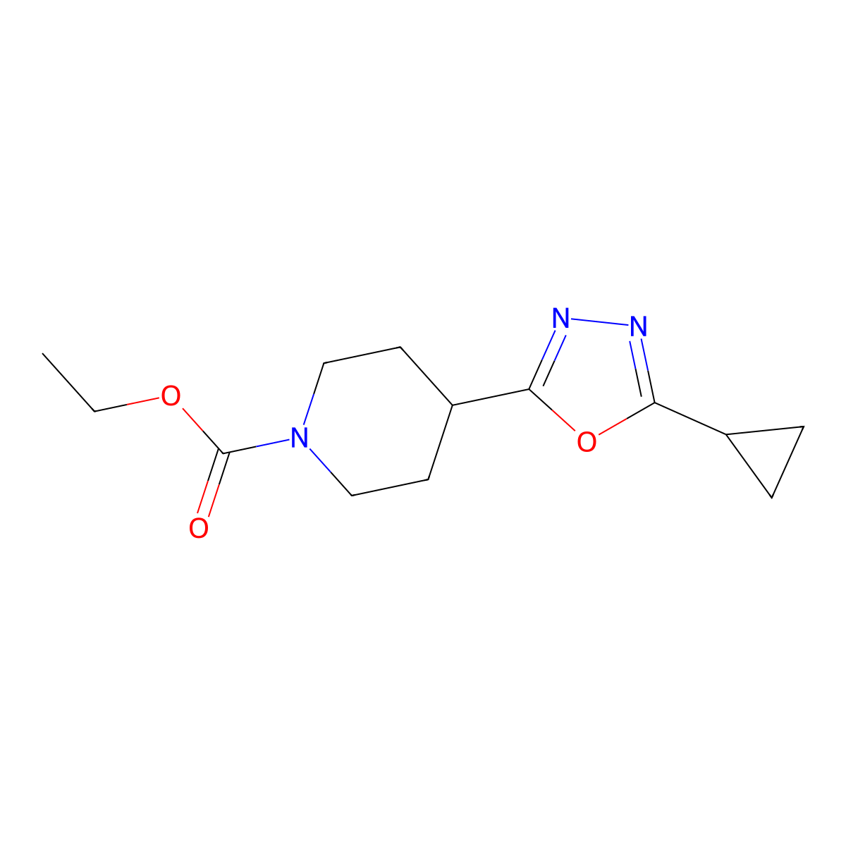 Ethyl 4-(5-cyclopropyl-1,3,4-oxadiazol-2-yl)piperidine-1-carboxylate molecular structure, CAS 1210449-40-3