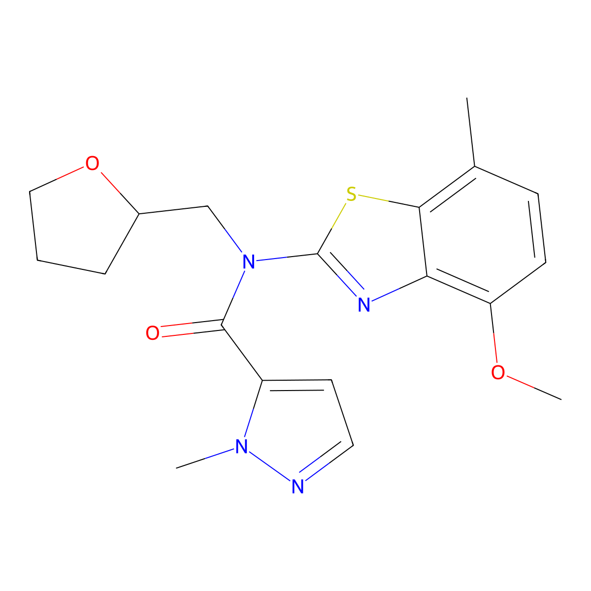 N-(4-methoxy-7-methylbenzo[d]thiazol-2-yl)-1-methyl-N-((tetrahydrofuran-2-yl)methyl)-1H-pyrazole-5-carboxamide molecular structure, CAS 1210460-46-0
