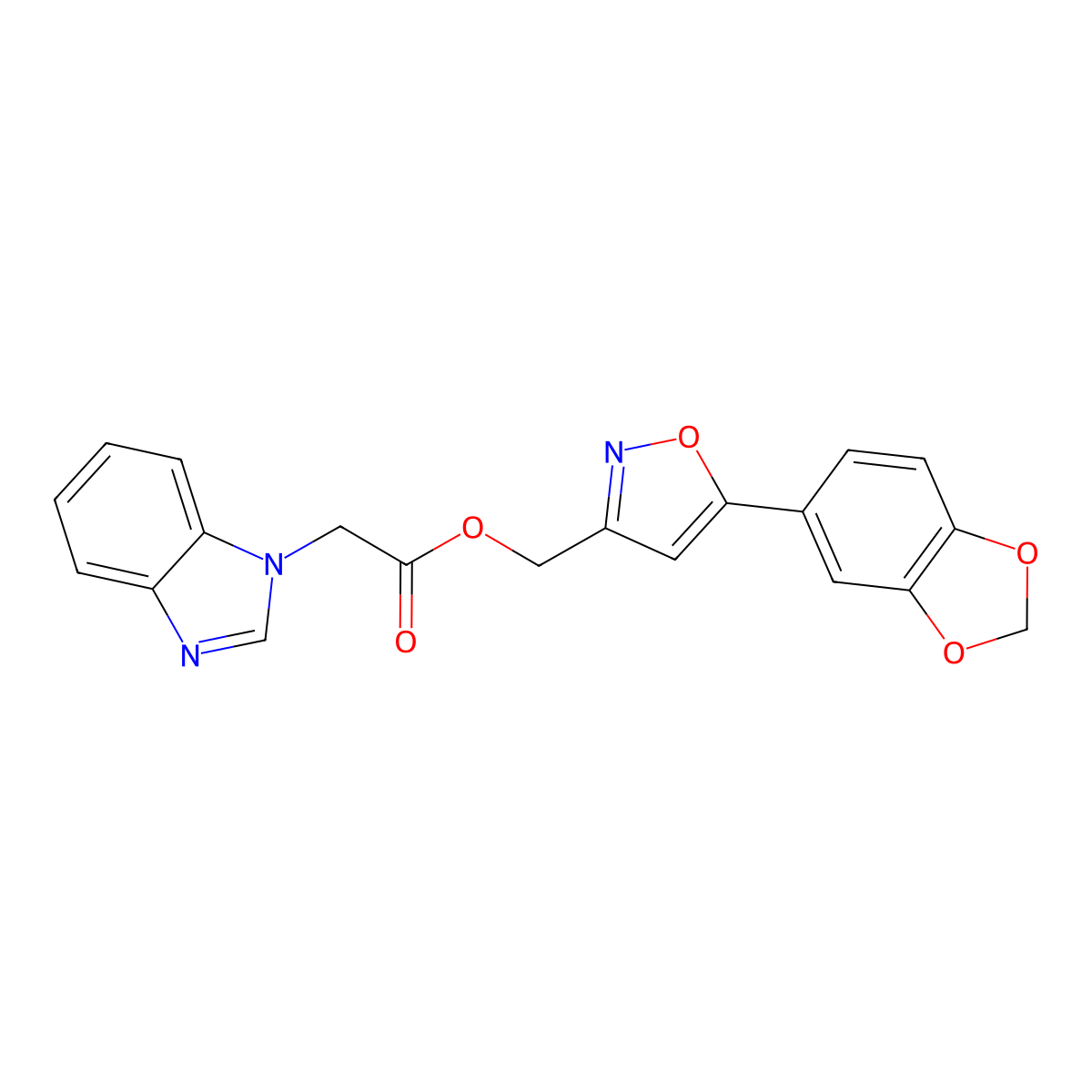 (5-(benzo[d][1,3]dioxol-5-yl)isoxazol-3-yl)methyl 2-(1H-benzo[d]imidazol-1-yl)acetate molecular structure, CAS 1210460-82-4