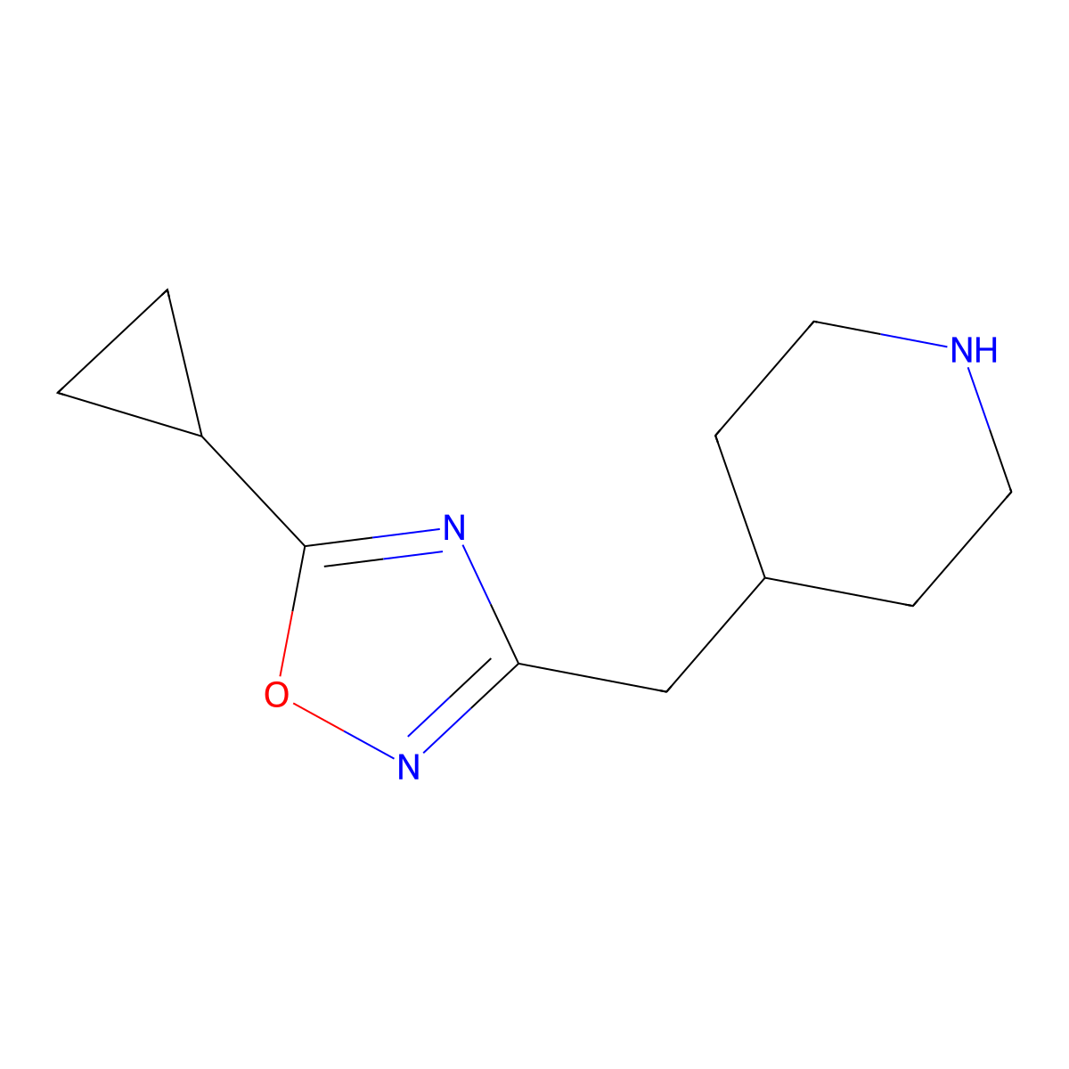 5-Cyclopropyl-3-(piperidin-4-ylmethyl)-1,2,4-oxadiazole molecular structure, CAS 1210470-78-2