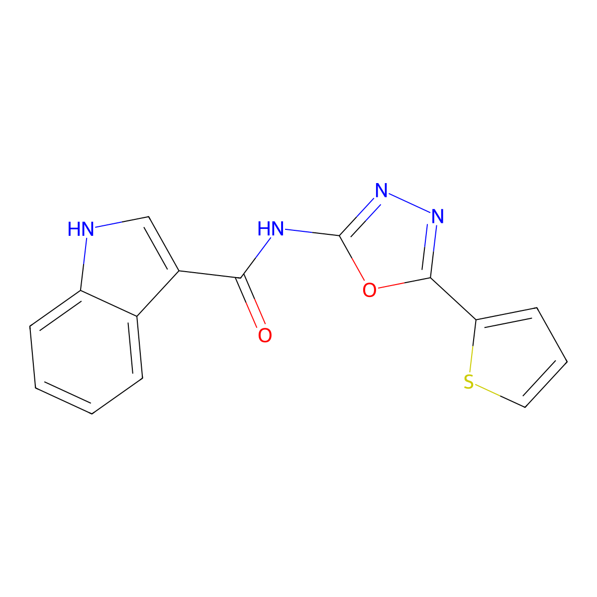 N-(5-(thiophen-2-yl)-1,3,4-oxadiazol-2-yl)-1H-indole-3-carboxamide molecular structure, CAS 1210471-92-3